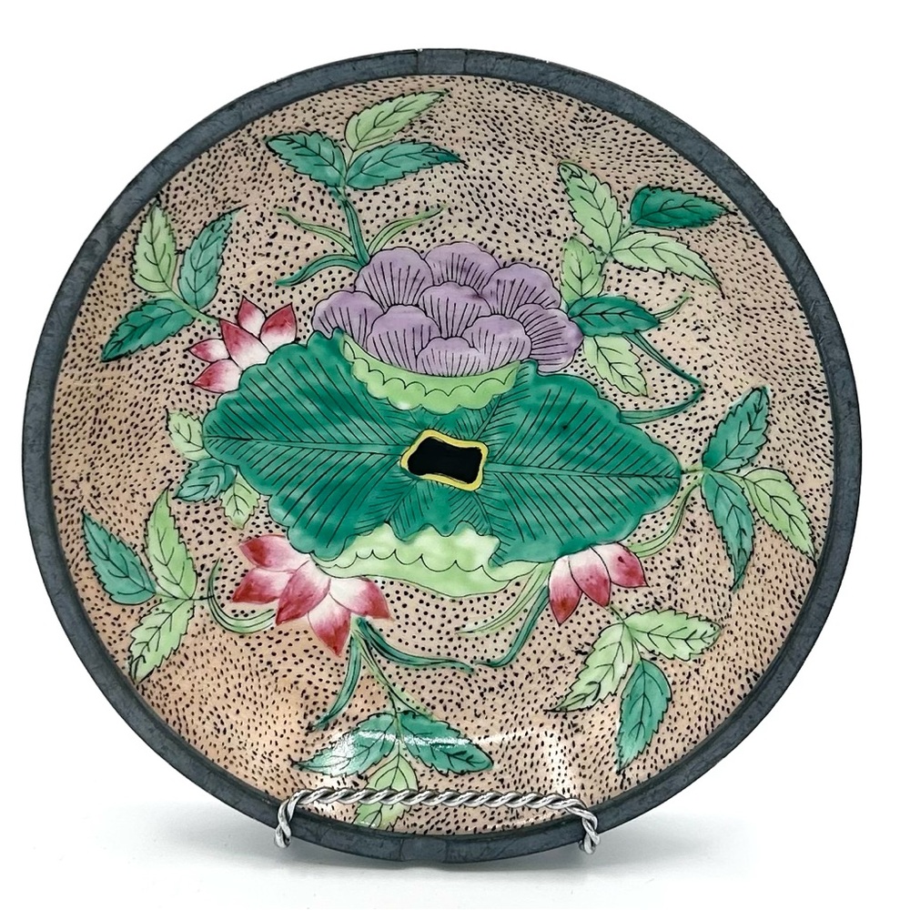 Hong Kong Lotus and Floral Porcelain Bowl Incased in Pewter
